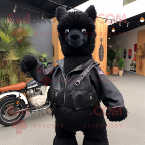 Black Alpaca mascot costume character dressed with a Moto Jacket and Tote bags