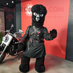 Black Alpaca mascot costume character dressed with a Moto Jacket and Tote bags