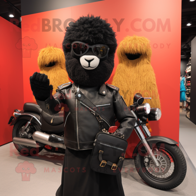 Black Alpaca mascot costume character dressed with a Moto Jacket and Tote bags