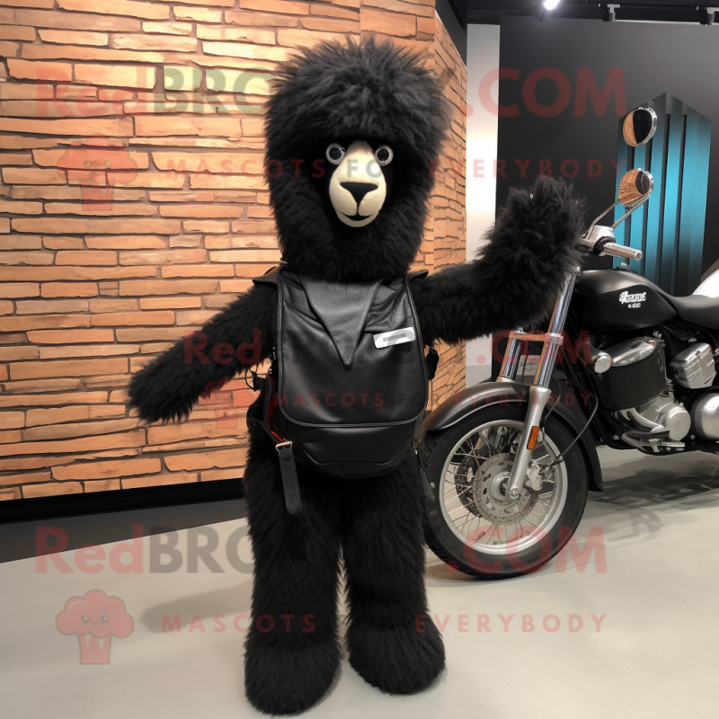 Black Alpaca mascot costume character dressed with a Moto Jacket and Tote bags