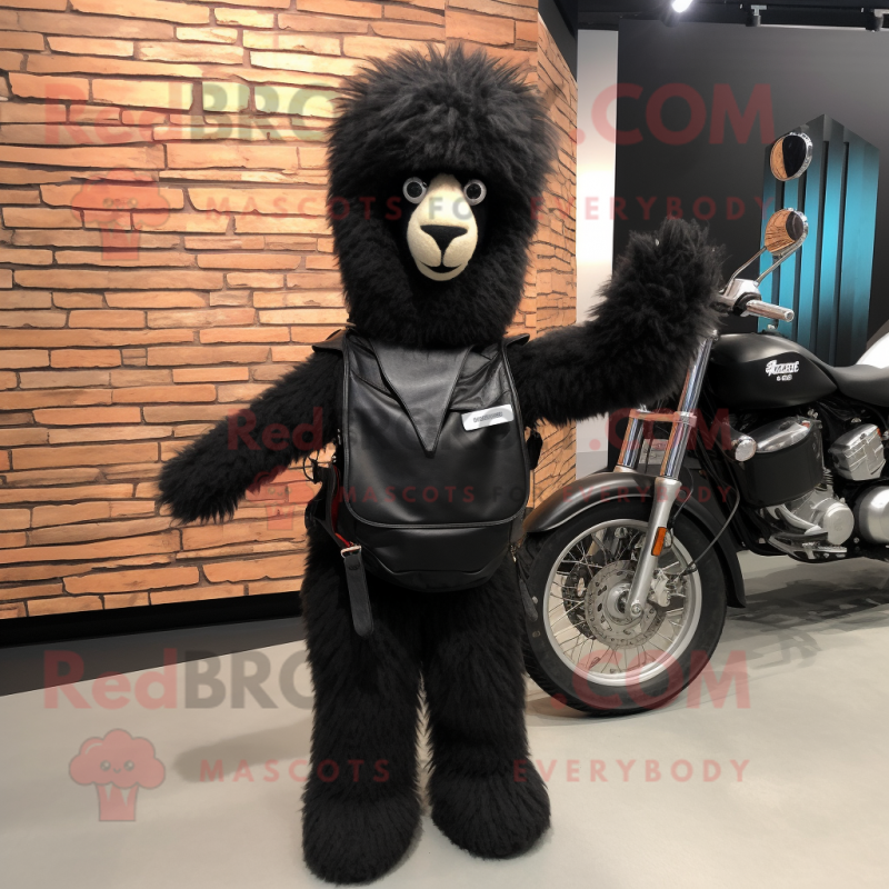 Black Alpaca mascot costume character dressed with a Moto Jacket and Tote bags Black Alpaca mascot costume character dressed with a Moto Jacket and Tote bags