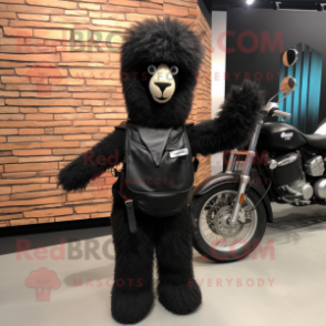 Black Alpaca mascot costume character dressed with a Moto Jacket and Tote bags