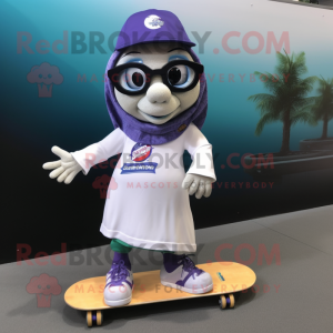 nan Skateboard mascot costume character dressed with a Wrap Skirt and Reading glasses