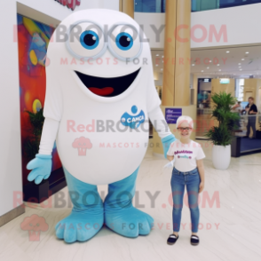 White Cyclops mascot costume character dressed with a Mom Jeans and Brooches