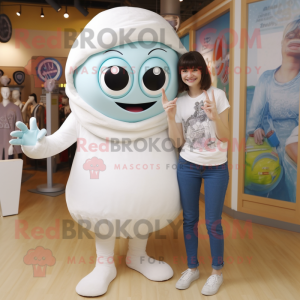 White Cyclops mascot costume character dressed with a Mom Jeans and Brooches