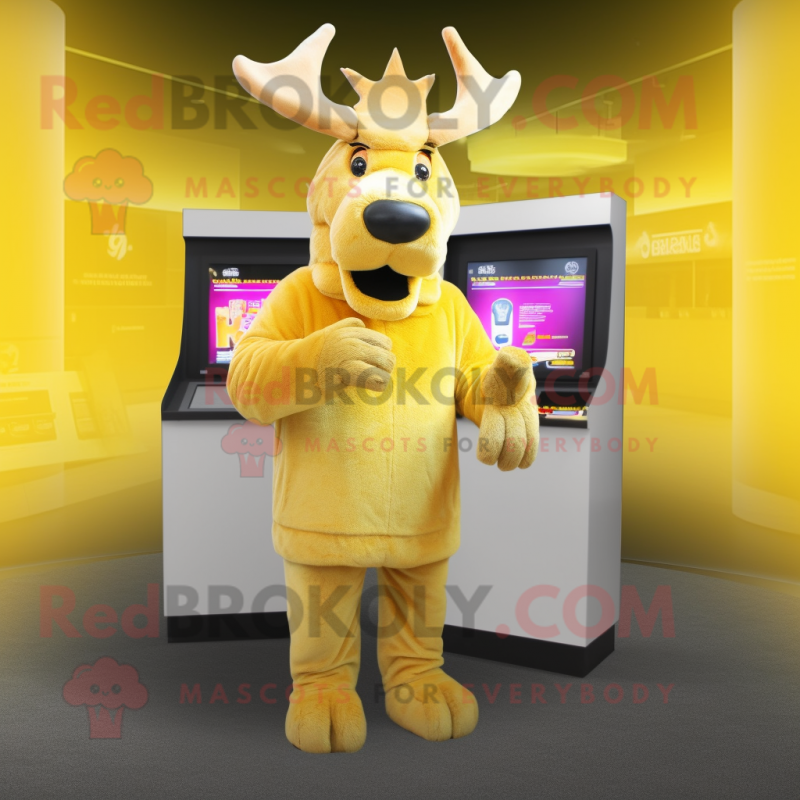 Gold Moose mascot costume character dressed with a Cardigan and Headbands