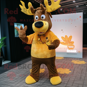 Gold Moose mascot costume character dressed with a Cardigan and Headbands