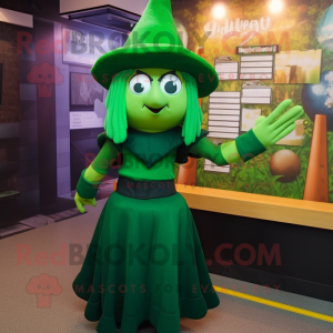 Forest Green Magician mascot costume character dressed with a Pencil Skirt and Caps