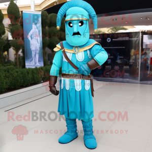 Turquoise Roman Soldier mascot costume character dressed with a Flare Jeans and Tie pins