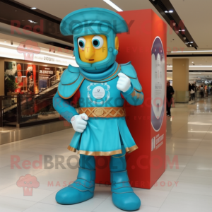 Turquoise Roman Soldier mascot costume character dressed with a Flare Jeans and Tie pins