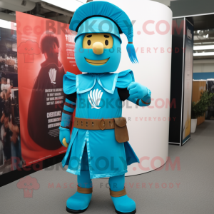 Turquoise Roman Soldier mascot costume character dressed with a Flare Jeans and Tie pins