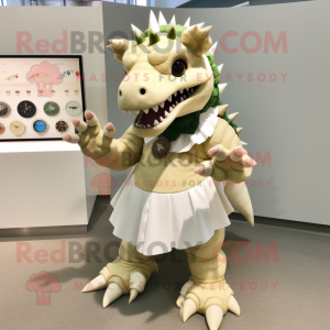 Cream Stegosaurus mascot costume character dressed with a Skirt and Bracelet watches