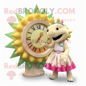 Cream Stegosaurus mascot costume character dressed with a Skirt and Bracelet watches