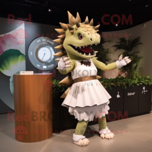 Cream Stegosaurus mascot costume character dressed with a Skirt and Bracelet watches