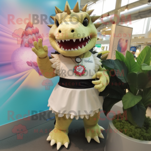 Cream Stegosaurus mascot costume character dressed with a Skirt and Bracelet watches