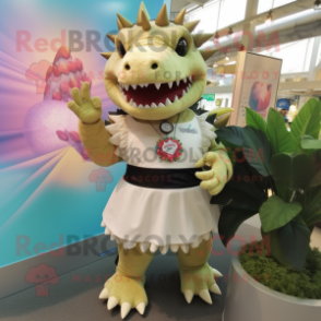 Cream Stegosaurus mascot costume character dressed with a Skirt and Bracelet watches