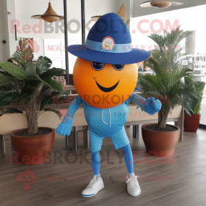 Blue Grapefruit mascot costume character dressed with a Leggings and Hat pins