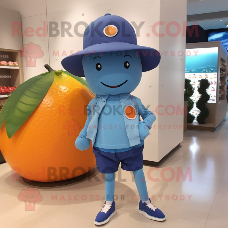 Blue Grapefruit mascot costume character dressed with a Leggings and Hat pins