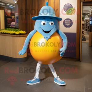 Blue Grapefruit mascot costume character dressed with a Leggings and Hat pins
