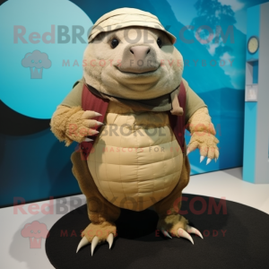 Tan Glyptodon mascot costume character dressed with a Bermuda Shorts and Gloves