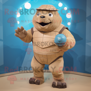 Tan Glyptodon mascot costume character dressed with a Bermuda Shorts and Gloves
