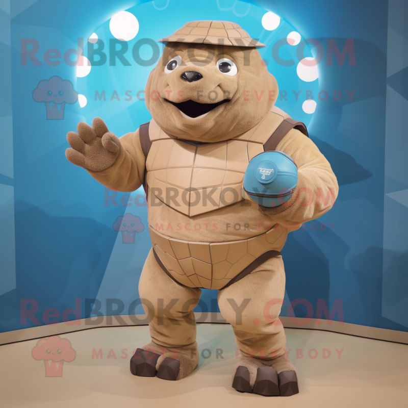Tan Glyptodon mascot costume character dressed with a Bermuda Shorts and Gloves Tan Glyptodon mascot costume character dressed with a Bermuda Shorts and Gloves
