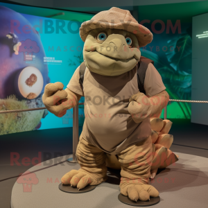 Tan Glyptodon mascot costume character dressed with a Bermuda Shorts and Gloves