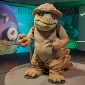 Tan Glyptodon mascot costume character dressed with a Bermuda Shorts and Gloves