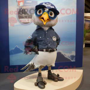 Navy Quail mascot costume character dressed with a Denim Shorts and Shoe clips