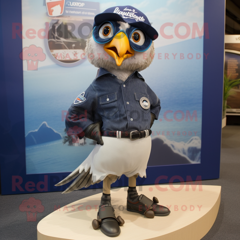 Navy Quail mascot costume character dressed with a Denim Shorts and Shoe clips Navy Quail mascot costume character dressed with a Denim Shorts and Shoe clips