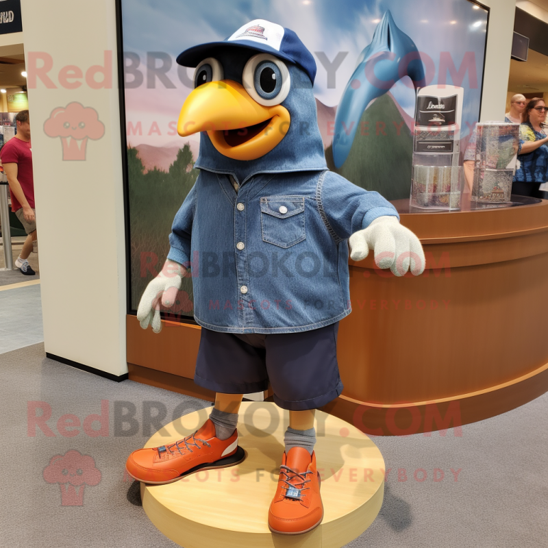 Navy Quail mascot costume character dressed with a Denim Shorts and Shoe clips