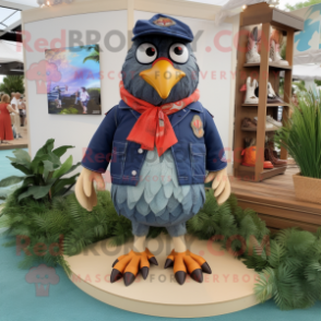 Navy Quail mascot costume character dressed with a Denim Shorts and Shoe clips