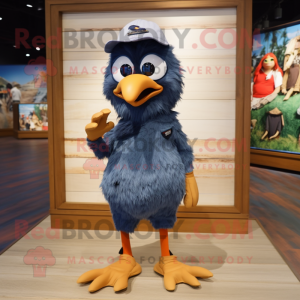 Navy Quail mascot costume character dressed with a Denim Shorts and Shoe clips