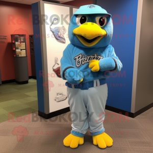 Sky Blue Canary mascot costume character dressed with a Baseball Tee and Bracelet watches