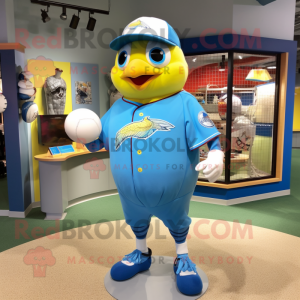 Sky Blue Canary mascot costume character dressed with a Baseball Tee and Bracelet watches