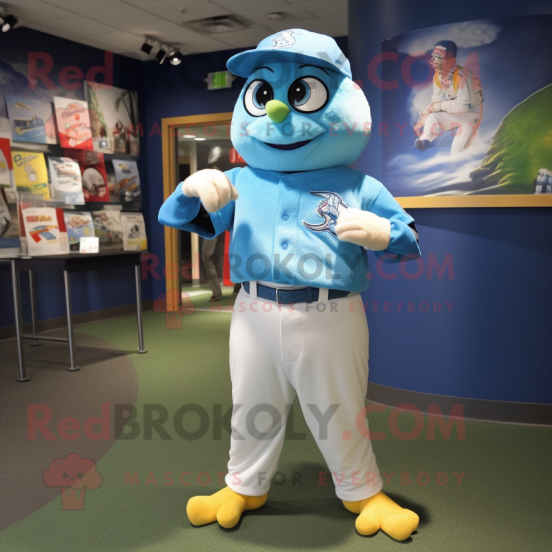 Sky Blue Canary mascot costume character dressed with a Baseball Tee and Bracelet watches