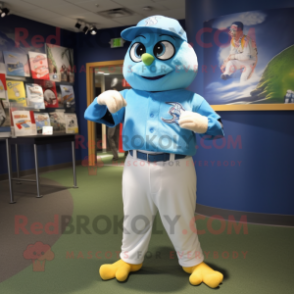 Sky Blue Canary mascot costume character dressed with a Baseball Tee and Bracelet watches