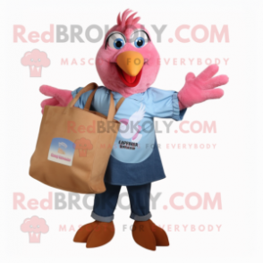 Pink Tandoori Chicken mascot costume character dressed with a Chambray Shirt and Tote bags