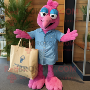 Pink Tandoori Chicken mascot costume character dressed with a Chambray Shirt and Tote bags