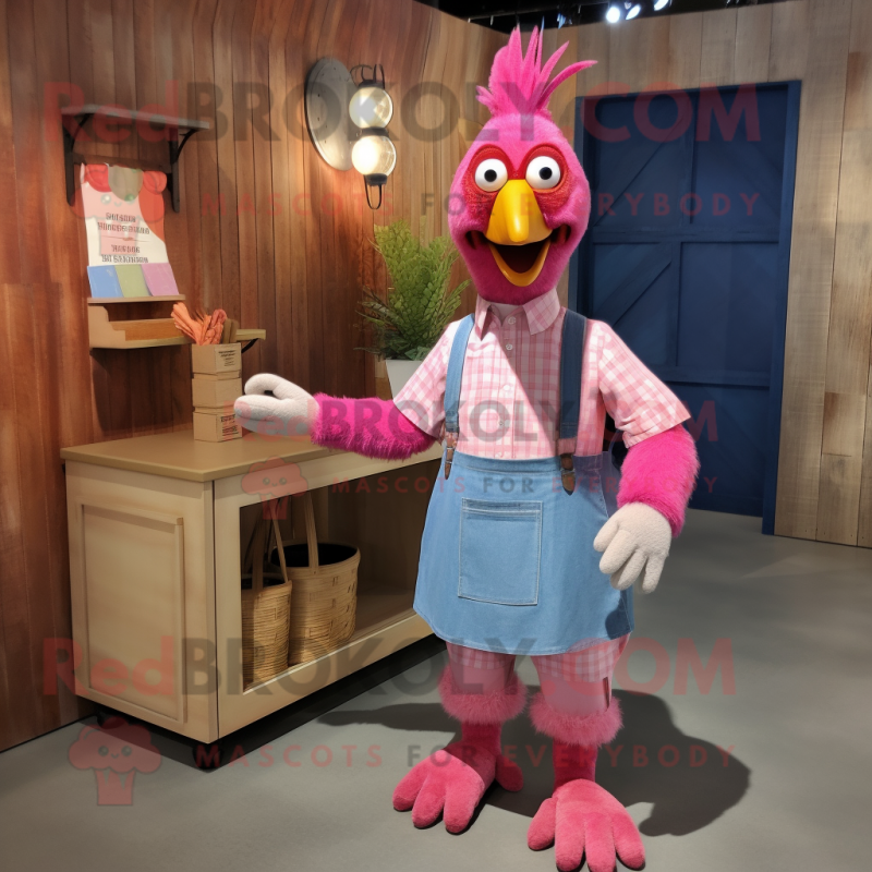 Pink Tandoori Chicken mascot costume character dressed with a Chambray Shirt and Tote bags