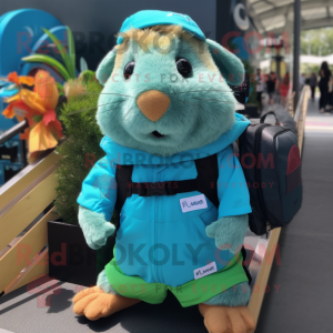 Turquoise Guinea Pig mascot costume character dressed with a Cargo Shorts and Shoe clips