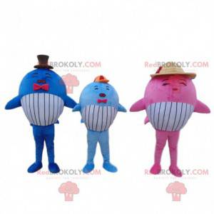 3 mascotes de baleia coloridos, 3 peixes gigantes -