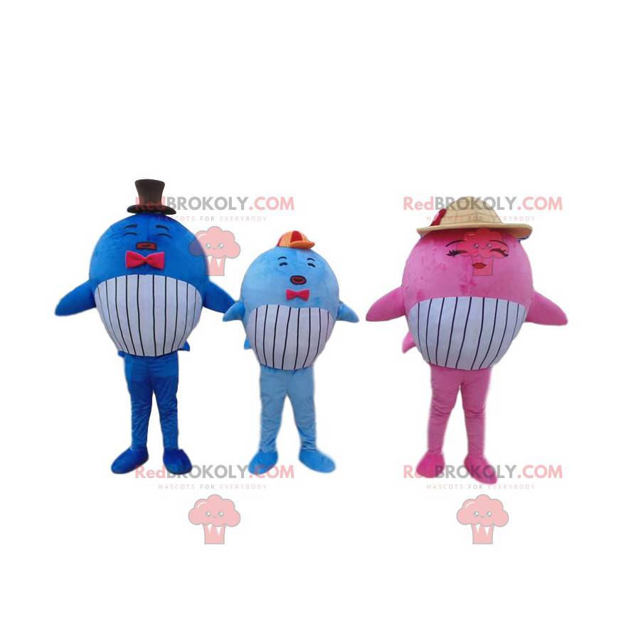 3 mascottes de baleines colorées, 3 poissons géants -