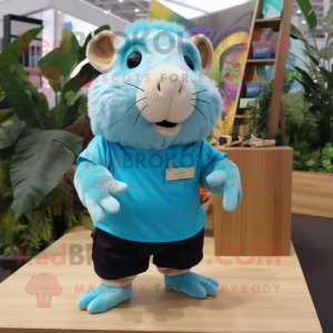 Turquoise Guinea Pig mascot costume character dressed with a Cargo Shorts and Shoe clips