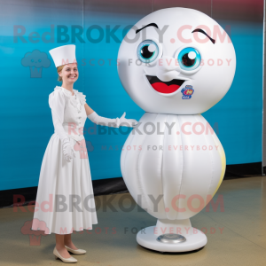 White Gumball Machine mascot costume character dressed with a Cocktail Dress and Cufflinks