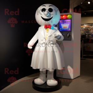 White Gumball Machine mascot costume character dressed with a Cocktail Dress and Cufflinks