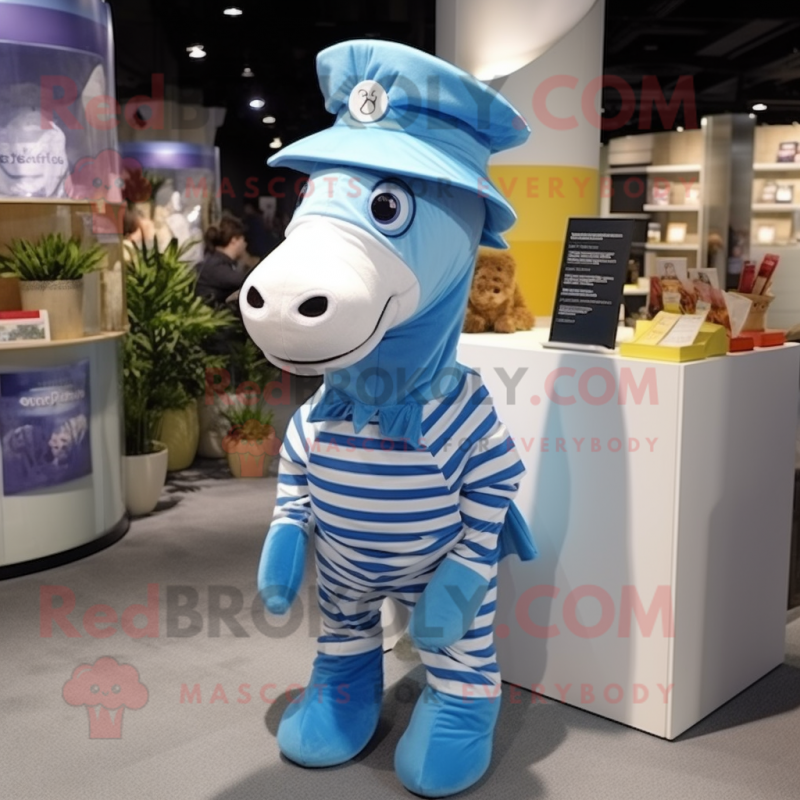 Sky Blue Quagga mascot costume character dressed with a Poplin Shirt and Berets