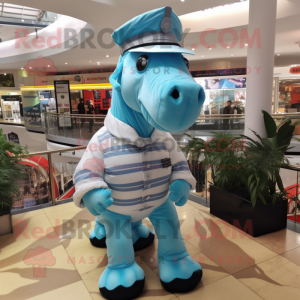 Sky Blue Quagga mascot costume character dressed with a Poplin Shirt and Berets