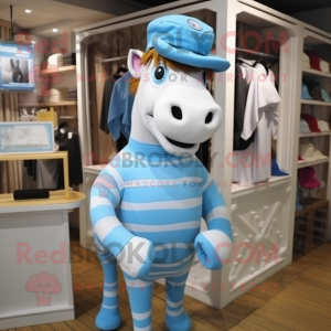 Sky Blue Quagga mascot costume character dressed with a Poplin Shirt and Berets