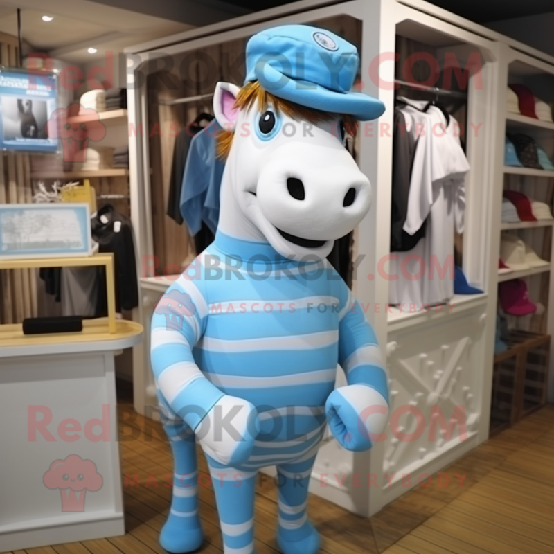 Sky Blue Quagga mascot costume character dressed with a Poplin Shirt and Berets Sky Blue Quagga mascot costume character dressed with a Poplin Shirt and Berets